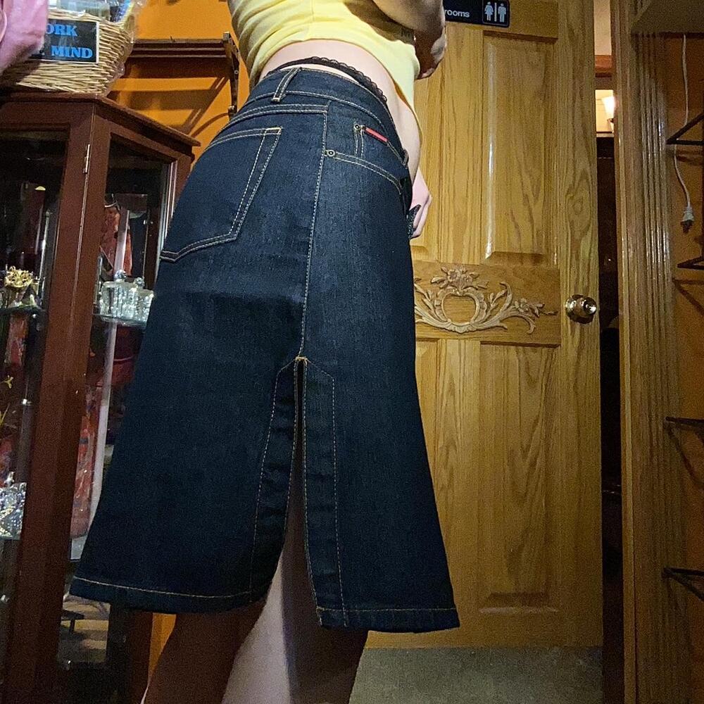Vintage fubu dark wash navy midi skirt